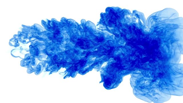 blue ink drop in water on a white background. 3d render. voxel graphics. computer simulation of smoke. Ink distribution in the water