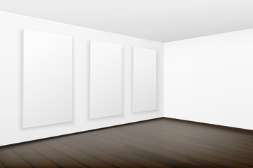 Vector Empty Blank White Posters Pictures Frames on Walls with Brown Wooden Floor in Gallery