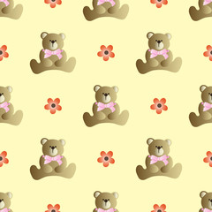 Seamless pattern with teddy bear with a bow and flowers on a yellow background