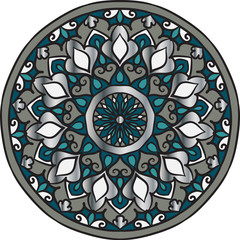 Drawing of a floral mandala in gray, silver and dark turquoise colors on a white background. Hand drawn tribal  vector stock illustration