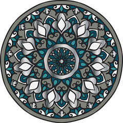 Drawing of a floral mandala in gray, silver and dark turquoise colors on a white background. Hand drawn tribal  vector stock illustration