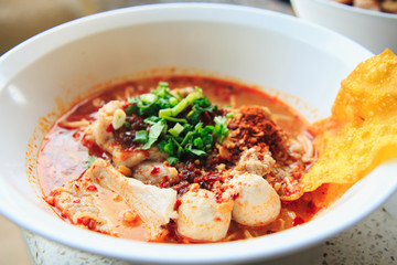 close up hot and spicy noodle , selective focus