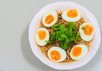 Tom Yum Instant Noodles with Boiled Egg. Hot and Spicy food thailand style.
