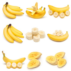 Collection of bananas isolated on white background. Flat lay, to