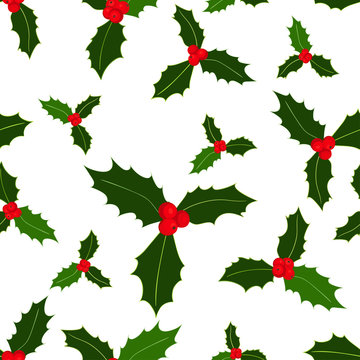 Seamless pattern. Christmas holly berries on white background. Vector illustration. Hand drawn elements