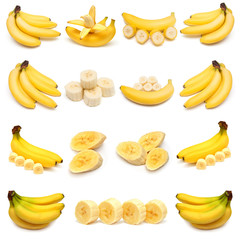 Collection of bananas isolated on white background. Flat lay, to