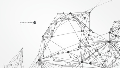Dotted lines connected to the abstract graphics, network connections.