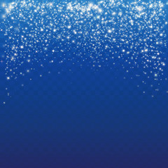 Falling snow on a blue background. Abstract white glitter snowflake background. Vector magic Christmas snowfall.