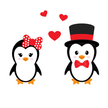 cute penguins set with heart