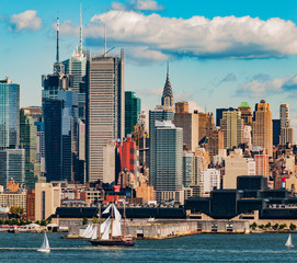 Manhattan Skyline , New York Skyline with sailing ships on the Hudson River, New York City
