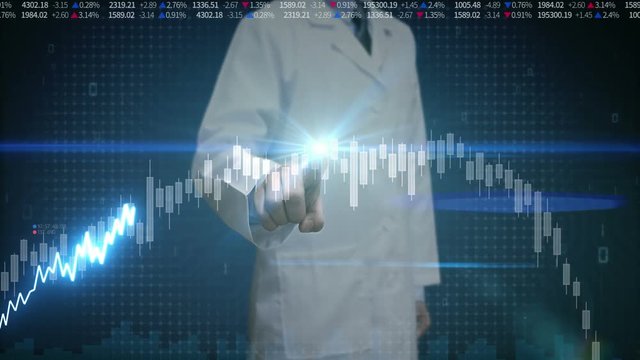 Researcher engineer touched screen, various animated Stock Market charts and graphs. Increase line. Artificial Intelligence
