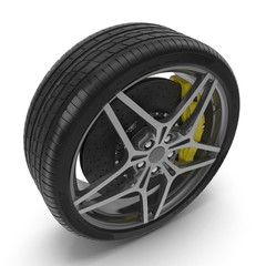 New automotive wheel with light alloy disc isolated on white. 3D illustration