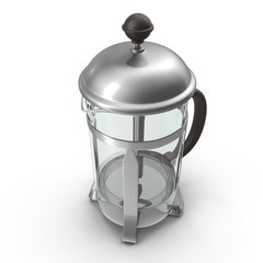 Empty French press coffee maker on white. 3D illustration
