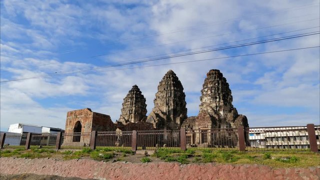 Phra Prang Sam Yod, Lopburi, Thailand. Religious buildings constructed by the ancient Khmer art. Time Lapse.