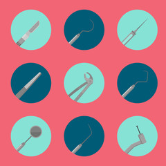 Metal medical equipment tools for teeth dental care. Dentistry vector illustration. Dental treatment concept. Tooth care, stomatology and orthodontics. Dentist professional instrument round icons