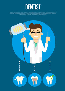 Smiling male cartoon dentist in white coat holding dental instruments, vector illustration. Dental treatment concept. Tooth care and restoration, stomatology and orthodontics. Dental office banner