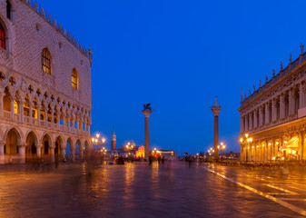 Fototapeta na wymiar Square San Marco with two columns at night, Venice, Italy