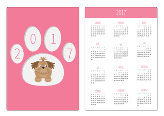 Pocket calendar 2017 year. Week starts Sunday. Flat design Vertical orientation Template. Little glamour tan Shih Tzu dog in the paw print.