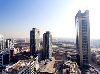 Dubai Marina buildings and artificial canal, aerial view