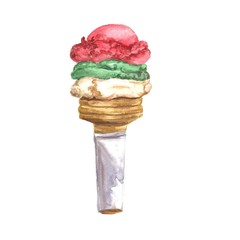 Watercolor  icecream in cone, isolated on white background. Hand drawn vector illustration.
