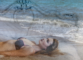Double exposure of beautiful woman lying on bed and seashore