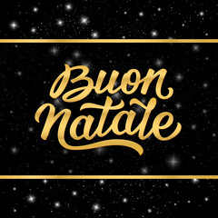 Merry Christmas italian calligraphic text in golden frame on black starry background. Vector illustration for Xmas with season greetings.