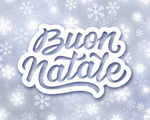 Naklejka na ściany i meble Merry Christmas hand lettering text in italian on festive winter background with snowflakes. Vector greeting card design template for Xmas with typography