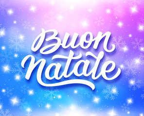 Naklejka na ściany i meble Merry Christmas calligraphic text in italian on greeting card with magic light, stars and snowflakes on colorful background. Vector design with lettering for winter holidays