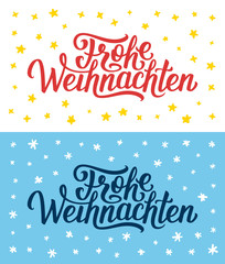 Fototapeta na wymiar Merry Christmas retro flat greeting cards or flyers set with hand lettering. Xmas greetings text on german language.