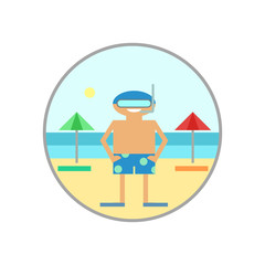 People on the beach in a mask and fins ready to sail. Tourism and rest on the sea. Vector sign, icon