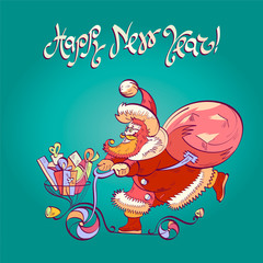 Christmas illustration of a happy new year wishes. Cute and funny Santa Claus on a scooter driven gifts.