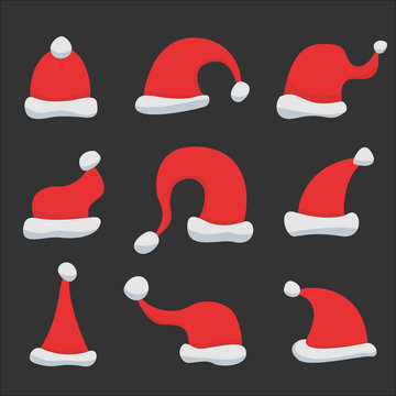 Set of Red Santa Claus Hats on black background. Winter Merry christmas and new year celebration vector illustration.