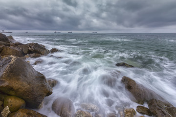 Cloudy, cold day. Stunning long exposure day seascape.