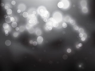 Festive light background, bokeh of blurred light, round shape gray lights with snowflex.