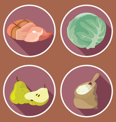 Food. The ingredients - meat, groceries, vegetables, fruit,