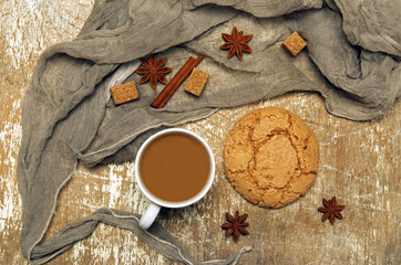 Cup of coffee, anisetree seeds and cinnamon