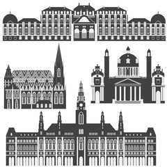 Fototapeta premium Austriackie zabytki miasta w Wiedniu. Austria Landmark Travel and Journey Elementy architektury Stephansdom, Karlskirche, Belvedere Palace, Town Hall,