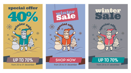 Web banner set for internet shop winter sale and special offer with santa, snowman and tree