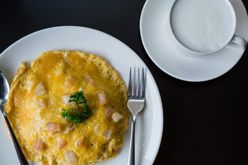omelet rice with shrimp and hot milk