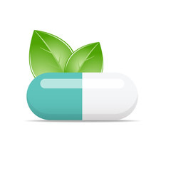 Vector illustration of white turquoise pill with green leaves