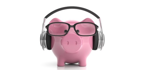 Pair of wireless headphones and a piggy bank. 3d illustration