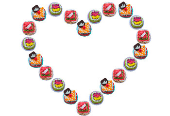 Frame heart small cake pattern on white background. Isolated.