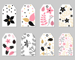 Set of Christmas gift tags with foliage in pink and black