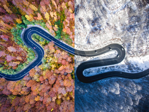 Winding road autumn vs. winter. Aerial view