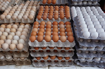 Giant cardboard crates of fresh white, yellow and brown eggs at the market
