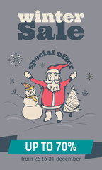 Web banner for internet shop winter sale with santa, snowman, snowflakes and tree