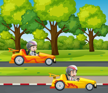 Two racers racing car on the road