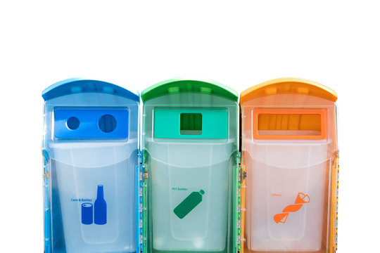 Three colorful recycle bins isolated on white background.