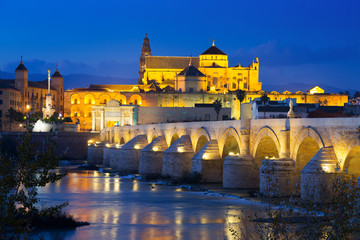 Fototapeta premium Mosque-cathedral of Cordoba and Roman bridge in night
