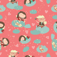 Seamless pattern with cute angels celebrating Valentines Day